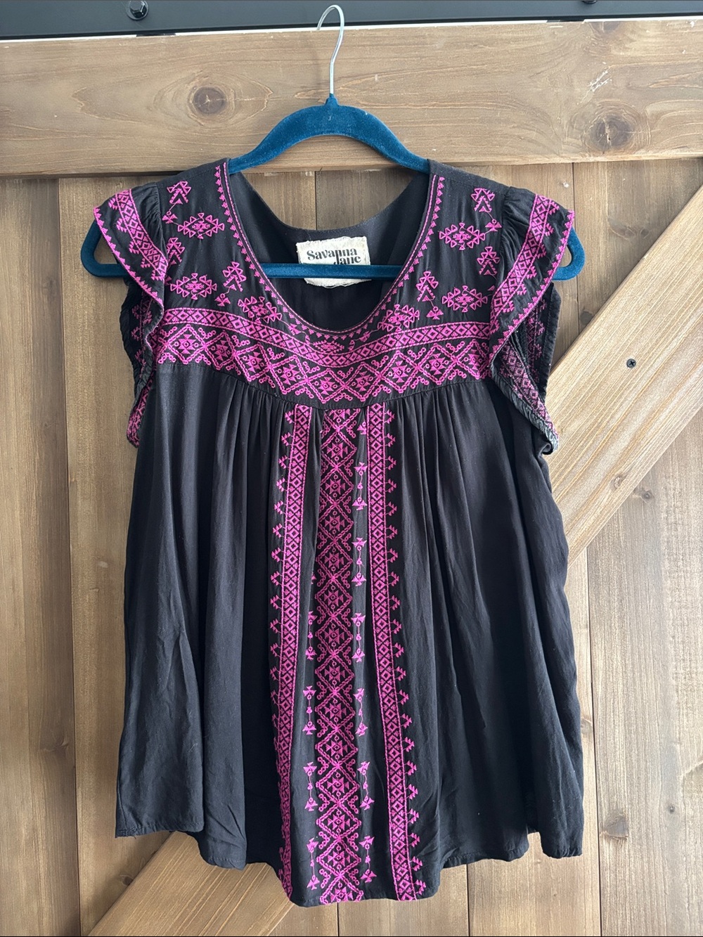 Savanna Jane Black Blouse with Fuchsia Embroidery